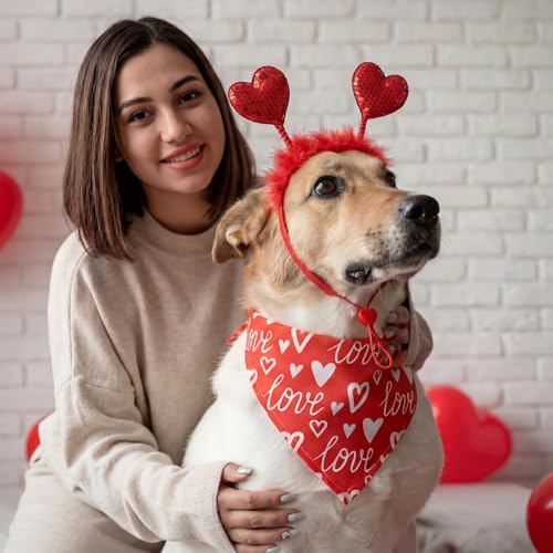 Sadnyy 9 Pcs Valentines Day Dog Outfits Set Puppy Valentines Costume Including Pet Glitter Heart Headband Bandana Triangle Scarf and Heart Shaped Chew Toy for Small Medium Pet Holiday Party