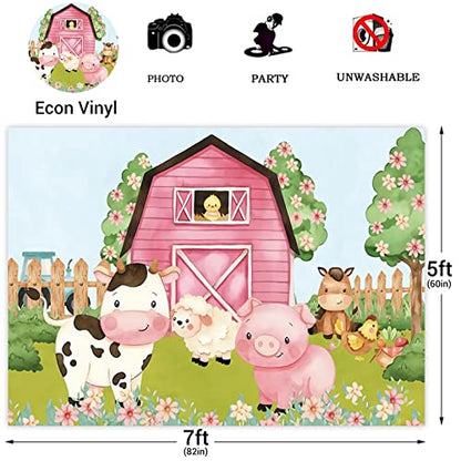 10x6.5ft Cartoon Farm Animals Party Backdrop Pink Barn Girl Baby Shower Birthday Photography Background Farmland Animals Cows Pigs Barnyard Backdrop Banner Cake Table Decoration Photo Booth Props - size: 10x6.5ft
