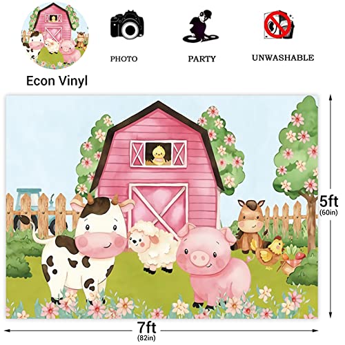 5x3ft Cartoon Farm Animals Party Backdrop Pink Barn Girl Baby Shower Birthday Photography Background Farmland Animals Cows Pigs Barnyard Backdrop Banner Cake Table Decoration Photo Booth Props - size: 5x3ft