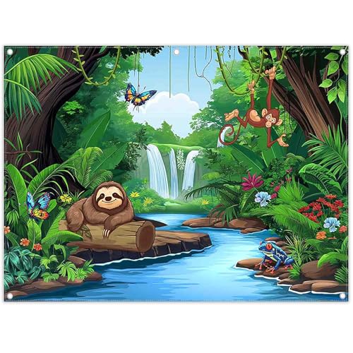 8x6ft Fabric Jungle Forest Backdrop Tropical Rainforest Safari Animal Background Adventure Party Decorations Kids Summer Event Photo Banner Props - size: 8'x6'