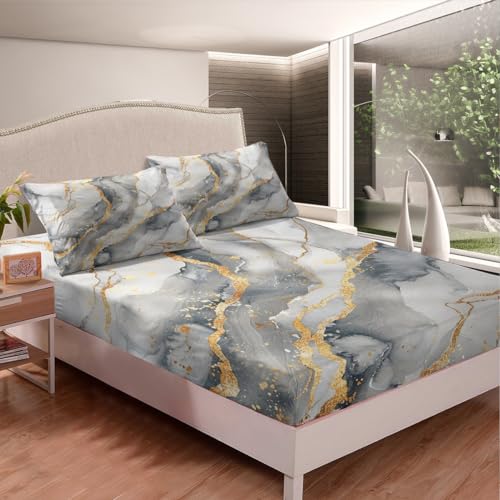 Manfei Marble Fitted Sheet Full Size, Grey Marbling Bedding Set, Abstract Stone Texture Bed Cover with 2 Pillowcases, Kids Boys Girls Room Decor, Soft Polyester Bedding(No Top Sheet) - color: Grey Gold, size: FULL (W54*L75*H16")