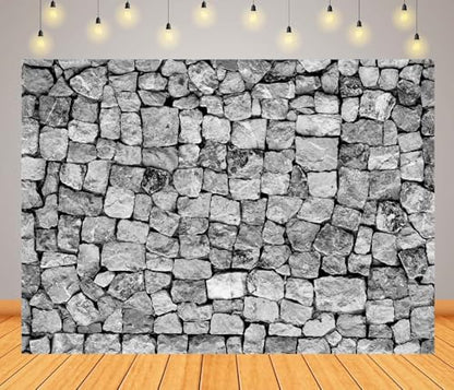 BELECO 10x6.5ft Fabric Brick Stone Wall Backdrop Dark Gray Rock Stones Texture Background Medieval Castle Party Decorations Banner Knight Party Supplies Photoshoot Props - size: 10x6.5FT