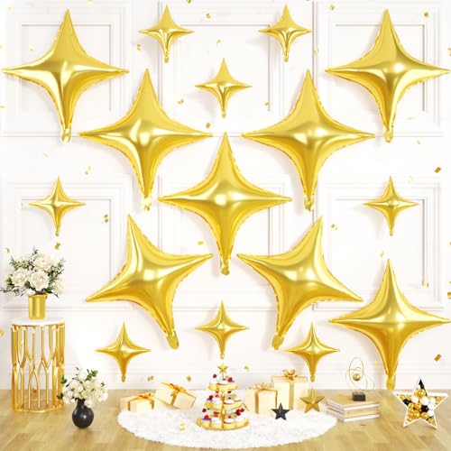 Gold Star Balloons, 16 PCS Four Angle Star Foil Balloons, 26 Inch and 10 Inch Gold Stars Shaped Balloon for Graduation Birthday Baby Shower Anniversary Retirement Engagement New Year Party Decorations - color: Gold