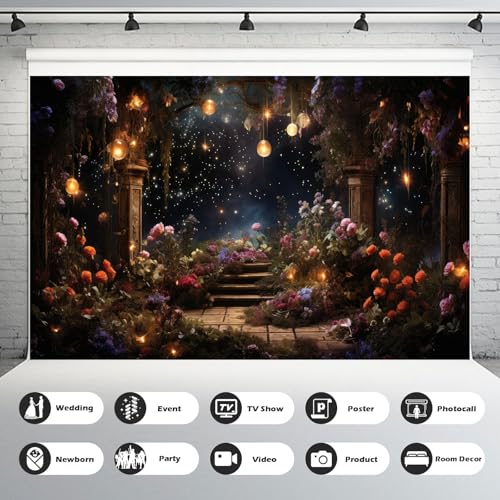Flower Garden Backdrop Fantasy Floral Scene with Staircase Photography Background Night Sky Stars Landscape Backdrops Mysterious Floral Garden Jungle Plants Backgrounds Wallpaper Photo Props 5x3ft - color: Orange_Black, size: 5x3ft
