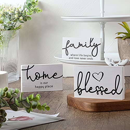 Jetec 3 Pcs Family Home Blessed Rustic Wood Sign Mini Wood Decorative Farmhouse Woodworks Table Shelves Decorations Sign for Bedroom Kitchen Living Room Table Decor(White,4.25 x 2.76 x 0.59 in) - color: White, size: 4.25 x 2.76 x 0.59 in