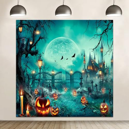 Happy Halloween Party Photo Background - 10x10ft Scary Cemetery Graveyard Skeleton Spooky Ghost Banner Decorations for Kids & Adults - size: 10x10ft