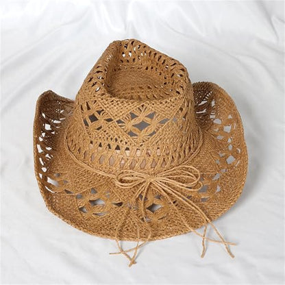 Straw Cowboy Hats Ventilated Hollow Round Foldable Sun Hats for Women Summer Western Cowgirl Beach Hat Photo Prop - color: Khaki