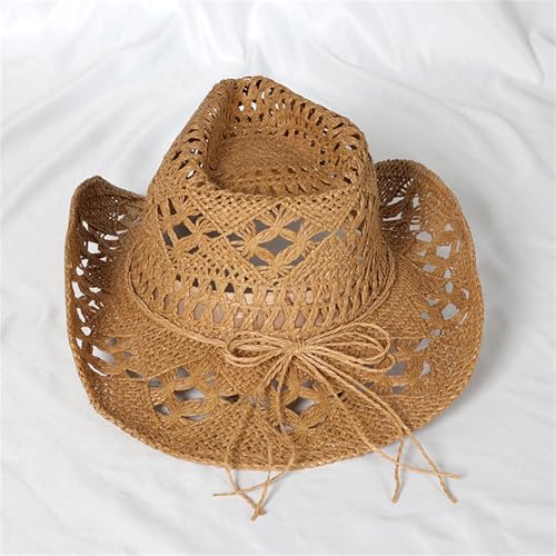 Straw Cowboy Hats Ventilated Hollow Round Foldable Sun Hats for Women Summer Western Cowgirl Beach Hat Photo Prop - color: Khaki