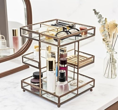 360 Rotating Glass Makeup Organizer, Spinning Vanity Cosmetic Storage with Multi-Layer Compartments, Luxury Countertop Rotating Makeup Holder for Skincare, Perfume, Cosmetics - color: Brass