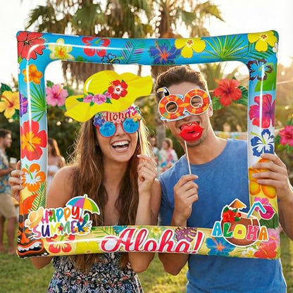 Hawaiian Photo Booth Props & Inflatable Frame, 30Pcs Luau Photobooth Props with Large Inflatable Inflatable Selfie Picture Frame for Summer Tropical Aloha Luau Party Selfie Supplies - color: Hawaii