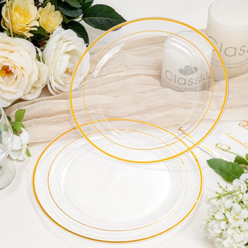 bUCLA 100 Pieces Clear Gold Plastic Plates Disposable - 6.25 Inch Clear Plastic Dessert Plates with Gold Trim for Party, Wedding & Thanksgiving - color: 6.25Inch-100pcs-Clear Gold
