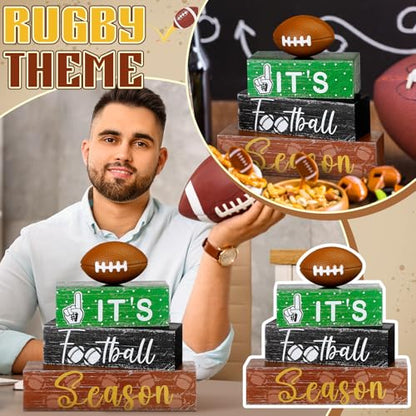 Geelin 4 Pcs Football Table Decorations Football Tiered Tray Decor Wooden Sign Centerpiece Decorative Faux Stack Book Block for Coffee Table Fireplace Mantel Floating Shelf - style: Football