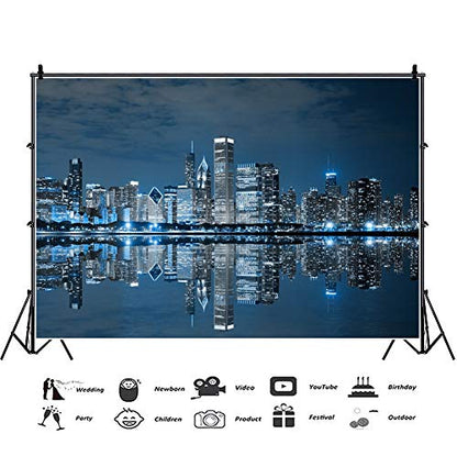 8x6ft Skyline City Night Landscape Photography Backdrop Business Modern City Chicago Downtown Night Background for Party Decoration Birthday Kids Boy Photoshoot Photo Background Props