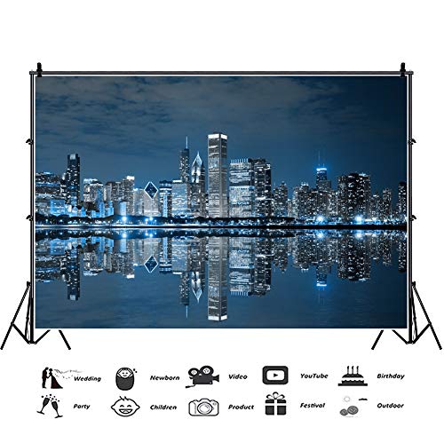 8x6ft Skyline City Night Landscape Photography Backdrop Business Modern City Chicago Downtown Night Background for Party Decoration Birthday Kids Boy Photoshoot Photo Background Props