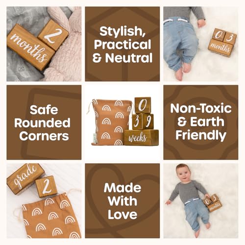 Pondering Pine Baby Milestone Blocks - Natural Pine Wood with Weeks Months Years Grade - Milestones Age Block Set with Boho Rainbow Bag, Newborn Weekly Monthly First Year Picture Props, Earth Friendly - color: Brown, size: 3 Piece