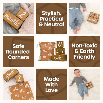 Pondering Pine Baby Milestone Blocks - Natural Pine Wood with Weeks Months Years Grade - Milestones Age Block Set with Boho Rainbow Bag, Newborn Weekly Monthly First Year Picture Props, Earth Friendly - color: Brown, size: 3 Piece