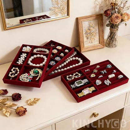 4 Pack Stackable Velvet Jewelry Trays Organizer Drawer Inserts Container Display Storage Box for Necklaces Bracelets (Red)