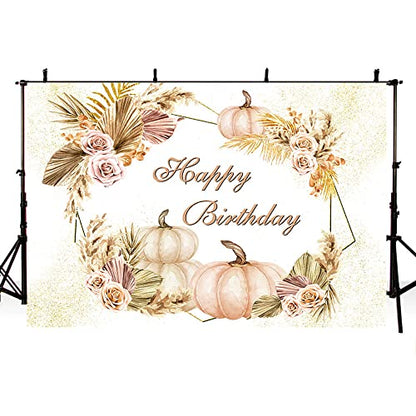 SENDY 7x5ft Boho Happy Birthday Backdrop for Girls Women Autumn Pumpkin Flowers Pampas Grass Photography Background Birthday Party Decorations Banner Photo Booth Props