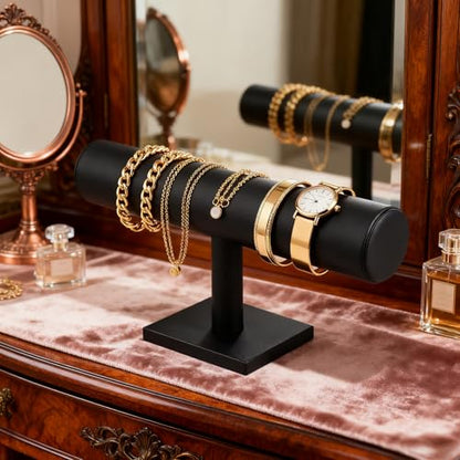 TENINYU Hovering T-Bar Bracelet Necklace Earring Bangle Pendants Anklet Tower Watch Key Jewelry Display Stand for Home Organization (Black Leatherette) - color: Black Leatherette