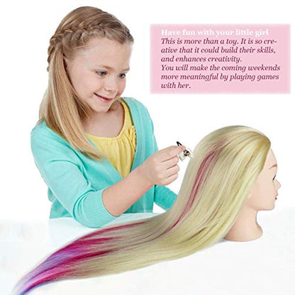 Beauty Star 29" Colorful Mannequin Head with 100% Syntheic Hair, Doll Head for Hair Styling and Braiding Practice, Professional Bride Cosmetology Training Manikin Head with Clamp Stand Updo Kit - color: Colorful