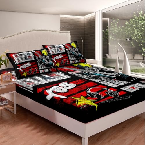 Manfei Guitar Fitted Sheet Twin Size, Rock Music Bedding Set, Retro Musical Instrument Bed Cover with 1 Pillowcase, Kid Boys Girls Room Decor, Soft Polyester Bedding(No Top Sheet) - color: Black Red White, size: TWIN (W39*L75*H16")