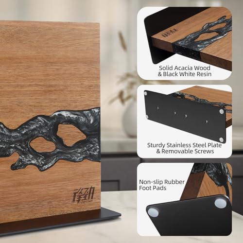 FINDKING Magnetic Knife Block, Double-Sided Knife Holder with Strong Magnets, Acacia Wood and Black White Resin, Countertop Kitchen Knife Storage Stand (12 × 10 Inches, Without Knives) - color: Black White