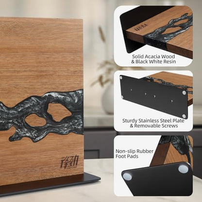 FINDKING Magnetic Knife Block, Double-Sided Knife Holder with Strong Magnets, Acacia Wood and Black White Resin, Countertop Kitchen Knife Storage Stand (12 × 10 Inches, Without Knives) - color: Black White