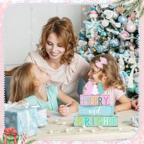 Geelin 4 Pcs Christmas Tree Table Sign Pastel Candy Color Wooden Decorations Xmas Tree Tiered Tray Decor Christmas Centerpieces Pastel Wooden Block Set Xmas Table Sign for Home - style: Candy Color Tree