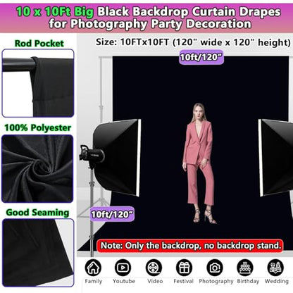 Black Backdrop 10 X 10 Ft, Solid Black Photo Backdrop, High Density Polyester Fabric Pure Black Backdrop Curtain Screen, Collapsible Seamless Black Background for Photoshoot Party Video Studio - color: black backdrop, size: 10x10ft