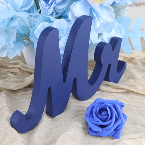 Mr & Mrs Signs Rustic Table Decorations, Freestanding Wooden Letters for Photo Props, Anniversary & Wedding Shower Gift (Navy Blue + Banner) - color: Navy Blue with banner
