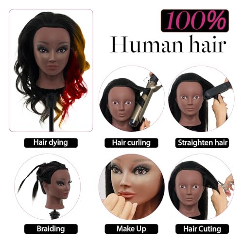 18" Mannequin Head Human Hair with Stand - 100% Real Hair Mannequin Head for Makeup Practice, Cosmetology Manikin Doll Head for Hair Styling, Hairdressing Training Head for Braiding with Tripod,Black - color: Black#1B&Tripod