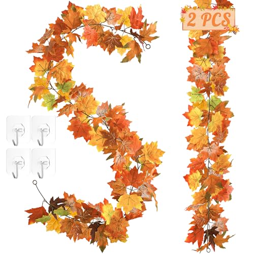 Helimoto 11.8FT Fall Garland 2 Pack for Mantle, Home & Indoor Decorations, Thanksgiving Decor, Autumn Garland for Outdoor Display Orange - color: Orange, size: 2 Pcs