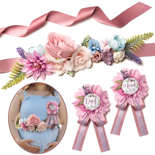 Baby Shower Sash Decorations Mom to Be Corsage Gift Dad to Be Pin 3Pack Set Pink Flower Belt for Maternity Dress - Gender Reveal Pregnancy Photo Props - color: Lavender Pink