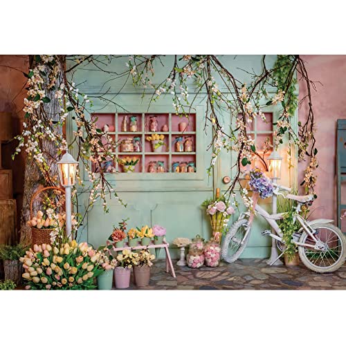 20x10ft Flower Shop Backdrop for Photography Bicycle Tulip Blossom Branches Green Florist Background Baby Shower Wedding Birthday Party Decor Kids Adults Portraits Photoshoot Photo Booth Props - size: 20x10ft