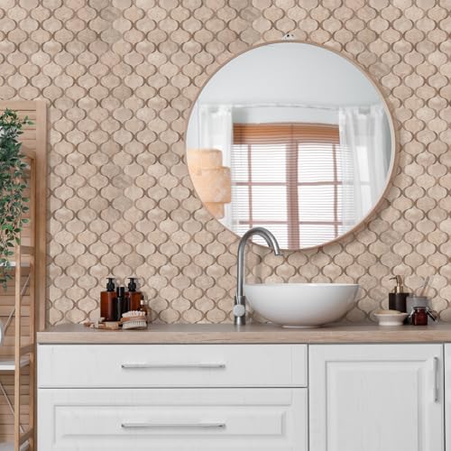 10 Sheet Arabesque Peel and Stick Backsplash Tile, Stick on Backsplash for Kitchen and Bathroom Wall, Beige Stone Look PVC Mixed Metal Aluminum - color: Beige Stone Mixed Metal Rose Gold