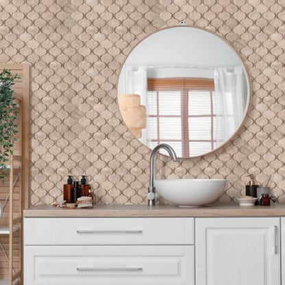 10 Sheet Arabesque Peel and Stick Backsplash Tile, Stick on Backsplash for Kitchen and Bathroom Wall, Beige Stone Look PVC Mixed Metal Aluminum - color: Beige Stone Mixed Metal Rose Gold