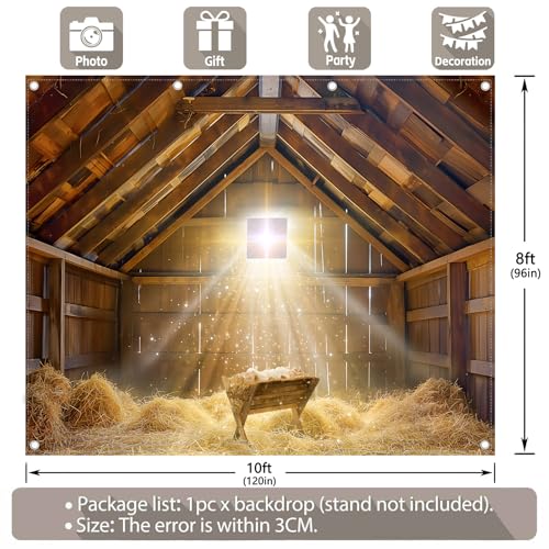10x8ft Fabric Christmas Manger Scene Backdrop Birth of Jesus Nativity Holy Family Photography Background Barn Stable Christian Party Decor Photo Props - size: 10'x8'