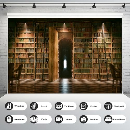 Bookshelf Backdrop Vintage Bookcase Old-Fashioned Library Room with Books Photography Background Magic Books Ancient Library for Book Theme Party Decorations Birthday Photoshoot Props 5x3ft - color: Retro Brown, size: 5x3ft