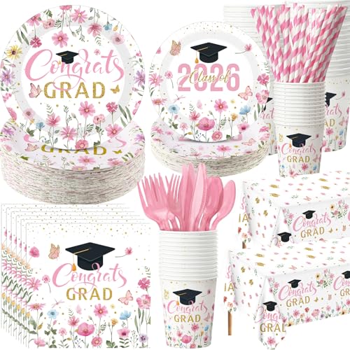 Ceenna 452 Pcs 2026 Pink Floral Graduation Party Decoration for 50, Wildflower Congrats Grad Paper Plates Napkins Cups Tablecloth Cutlery Straw Grad Tableware for Class of 2026 Party Supply - color: Pink