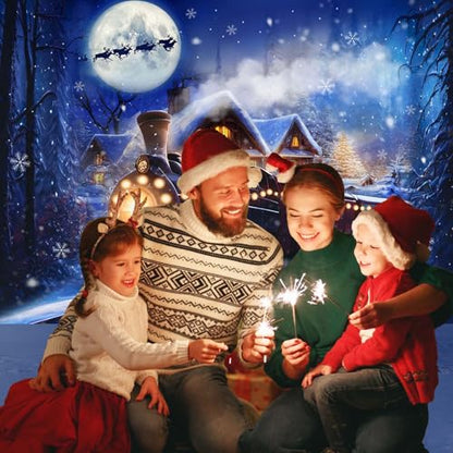 Mocsicka 10x8ft Christmas Train Backdrop for Photography Winter Train Xmas Snow Night Railway Party Background Wonderland Snowflake Portrait Photo Studio Props - size: 10x8ft