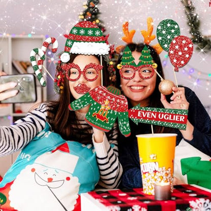 20 Pcs Christmas Ugly Sweater Photo Booth Props Xmas Theme Santa Claus Hat Reindeer Photo Props Selfie Photography for Xmas Winter Holiday Birthday Party Decorations Supplies