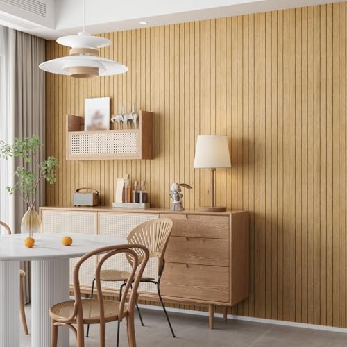 Peel and Stick PVC Slat Wall Panel Light Brown Wood Slat Foam Paneling Self-Adhesive Soundproof Wood Grain Wallpaper Vinyl Roll for Living Room TV Background Interior Wall Decor 11.8"x197"
