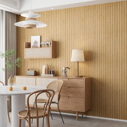Peel and Stick PVC Slat Wall Panel Light Brown Wood Slat Foam Paneling Self-Adhesive Soundproof Wood Grain Wallpaper Vinyl Roll for Living Room TV Background Interior Wall Decor 11.8"x197"