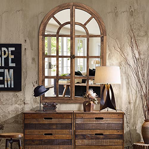 NeuType Arched Wall Mirror 36"x 24" Window Mirror Wood Framed Arched Mirror Farmhouse Mirror Decorative Wall Mirrors Wall Decor for Living Room Entryway Bedroom,Charcoal Grilled - color: Charcoal Grilled (Wood Arched), size: 36"L x 24"W