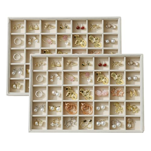 Large Velvet Jewelry Tray 2 Pack Stackable Jewelry Display Drawer Inserts Trays Organizer for Earring Bracelet Necklace Ring (Beige, 35 Grids) - color: Beige, size: 35 Grids