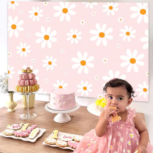 Pink Retro Daisy Backdrop Daisy Hippie Boho Party Decorations White Floral Pink Photograph Background for Girls Groovy Baby Shower Birthday Party Decor Supplies Photoshoot Studio Props 5x3ft - color: Pink