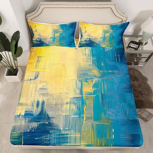 Erosebridal Yellow Teal Blue Ombre Fitted Sheet Vintage Artwork Bed Sheets Queen Size,Retro Watercolor Grunge Sheet Set for Kids Child,Hippie Artsy Urban Art Bed Cover Bohemian Decor - color: Multi 23, size: Queen