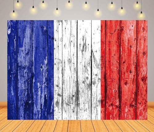 BELECO 20x10ft Fabric France Flag Backdrop Grunge Blue White Red Stripes Wooden Plank Texture Background French Theme Party Decorations Banner Photography Props - size: 20x10FT