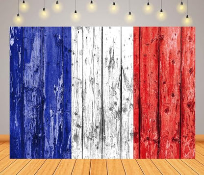 BELECO 9x6ft Fabric France Flag Backdrop Grunge Blue White Red Stripes Wooden Plank Texture Background French Theme Party Decorations Banner Photography Props - size: 9x6FT