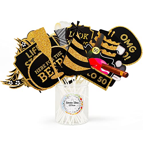 50th Birthday Photo Booth Props - 41 Pcs Black and Gold Funny Birthday Party Decorations for Men & Women, Fifty and Fabulous Anniversary Party Supplies,50th Printed Gold Glitter Selfie Props Kit